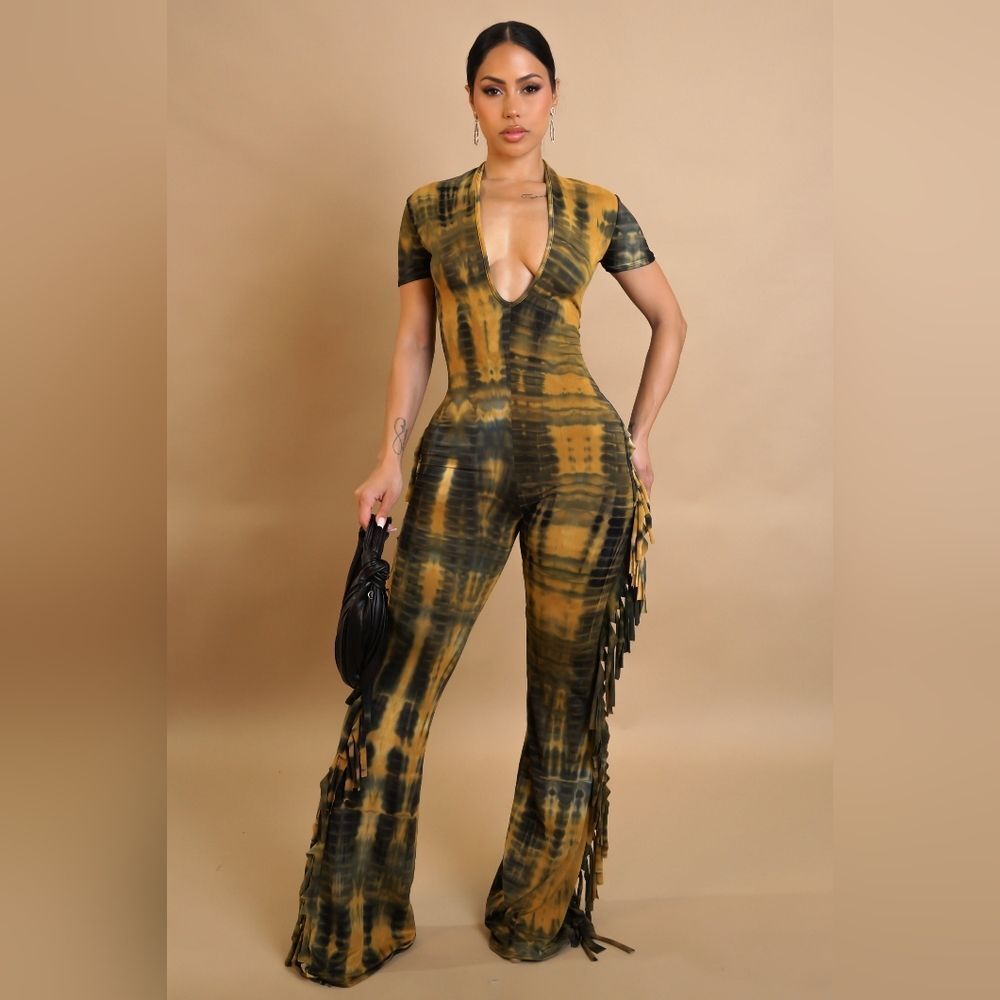 Deep V Tie-Dye Fringe Short Sleeve Jumpsuit in Olive & Black NWOT